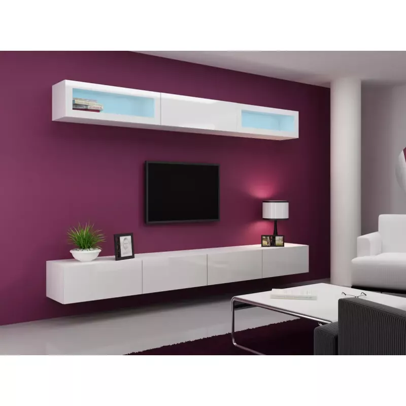 TV statīvs Cama Meble VIGO 140, 1400×400×300 mm, balts spīdīgs virsma, skaidu plātne, balts rāmis