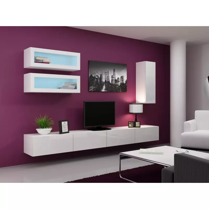 TV statīvs Cama Meble VIGO 140, 1400×400×300 mm, balts spīdīgs virsma, skaidu plātne, balts rāmis