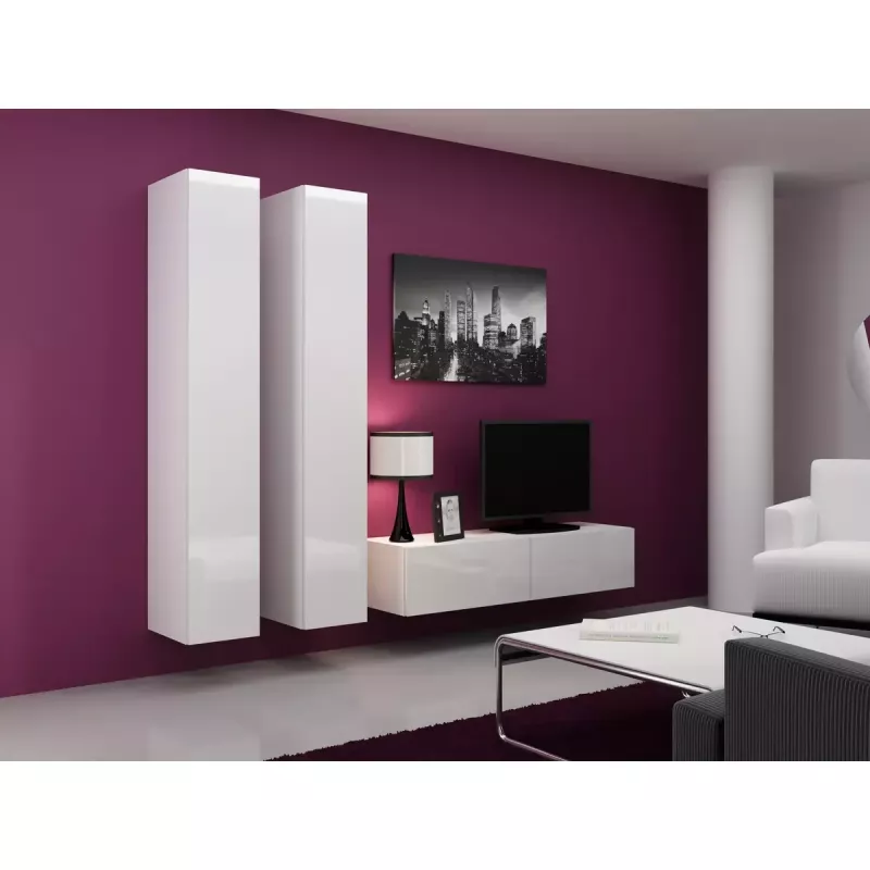 TV statīvs Cama Meble VIGO 140, 1400×400×300 mm, balts spīdīgs virsma, skaidu plātne, balts rāmis