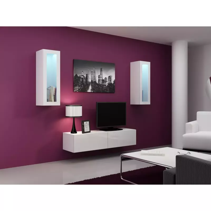 TV statīvs Cama Meble VIGO 140, 1400×400×300 mm, balts spīdīgs virsma, skaidu plātne, balts rāmis