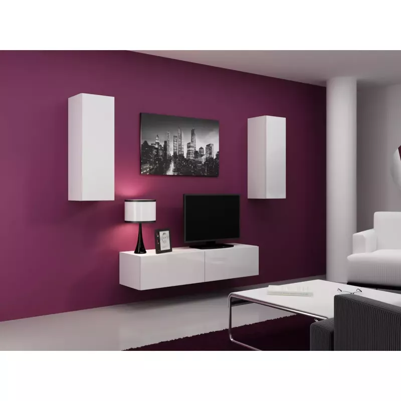 TV statīvs Cama Meble VIGO 140, 1400×400×300 mm, balts spīdīgs virsma, skaidu plātne, balts rāmis