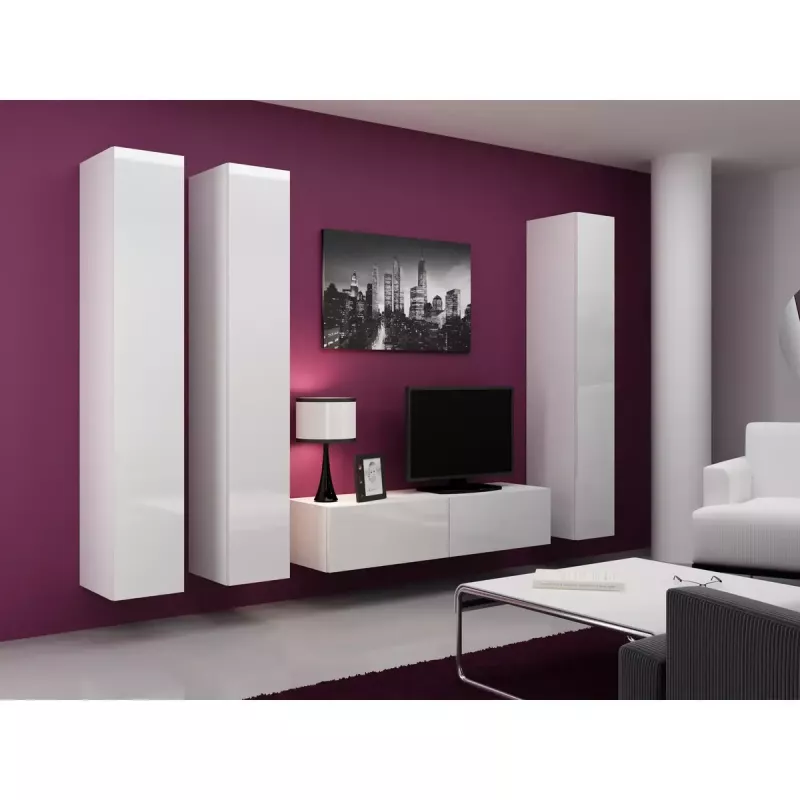 TV statīvs Cama Meble VIGO 140, 1400×400×300 mm, balts spīdīgs virsma, skaidu plātne, balts rāmis
