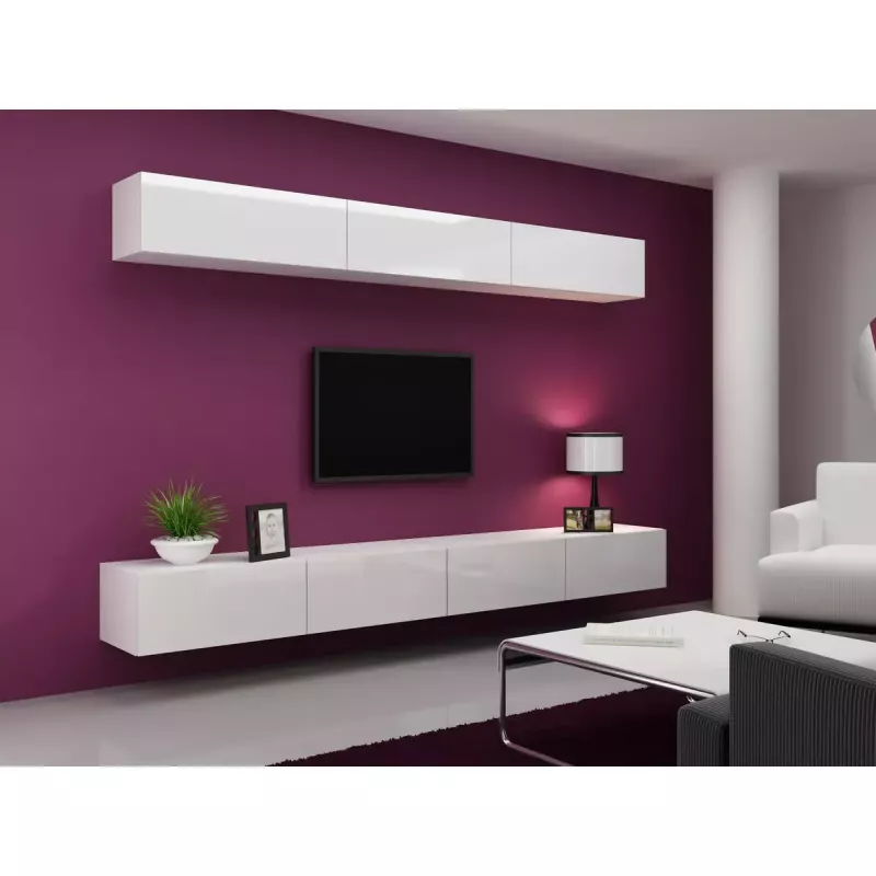 TV statīvs Cama Meble VIGO 140, 1400×400×300 mm, balts spīdīgs virsma, skaidu plātne, balts rāmis
