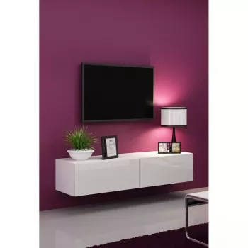 TV statīvs Cama Meble VIGO 140, 1400×400×300 mm, balts spīdīgs virsma, skaidu plātne, balts rāmis