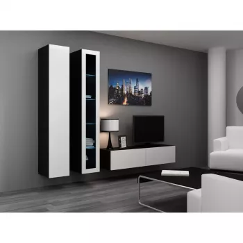 TV statīvs cama meble VIGO 140 — 1400×400×300 mm, skaidu plātnes virsma, melna/balts spīdums