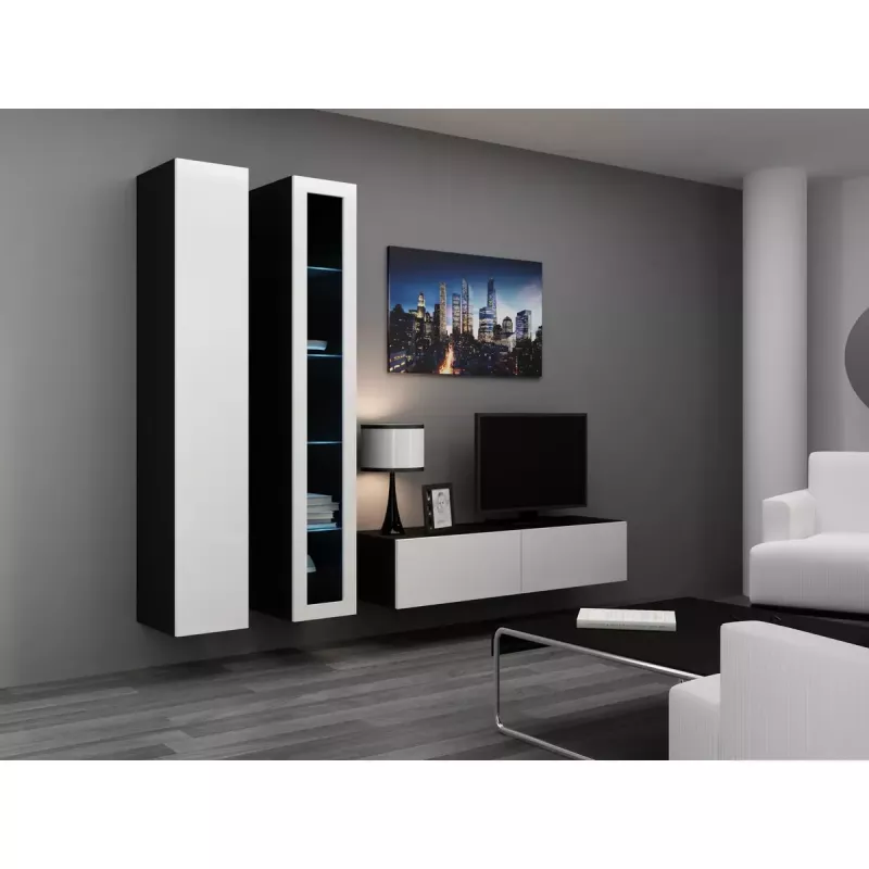 TV statīvs cama meble VIGO 140 — 1400×400×300 mm, skaidu plātnes virsma, melna/balts spīdums