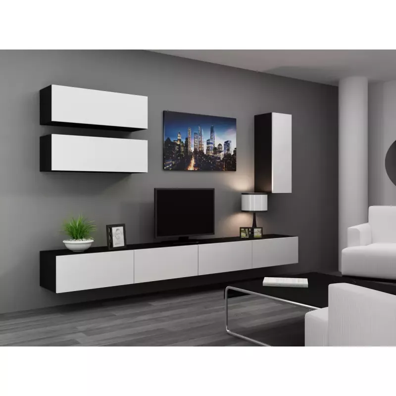 TV statīvs cama meble VIGO 140 — 1400×400×300 mm, skaidu plātnes virsma, melna/balts spīdums