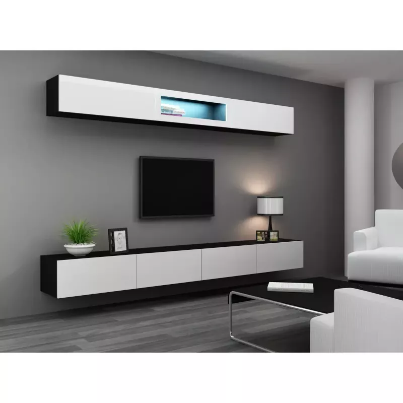TV statīvs cama meble VIGO 140 — 1400×400×300 mm, skaidu plātnes virsma, melna/balts spīdums
