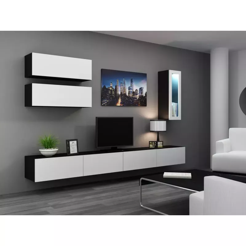 TV statīvs cama meble VIGO 140 — 1400×400×300 mm, skaidu plātnes virsma, melna/balts spīdums