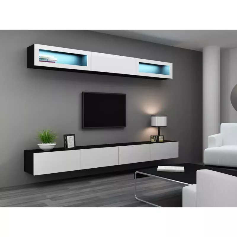 TV statīvs cama meble VIGO 140 — 1400×400×300 mm, skaidu plātnes virsma, melna/balts spīdums