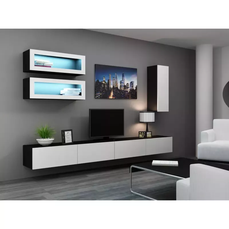 TV statīvs cama meble VIGO 140 — 1400×400×300 mm, skaidu plātnes virsma, melna/balts spīdums