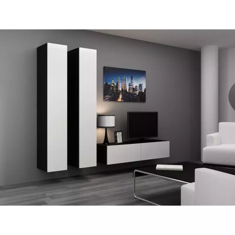 TV statīvs cama meble VIGO 140 — 1400×400×300 mm, skaidu plātnes virsma, melna/balts spīdums