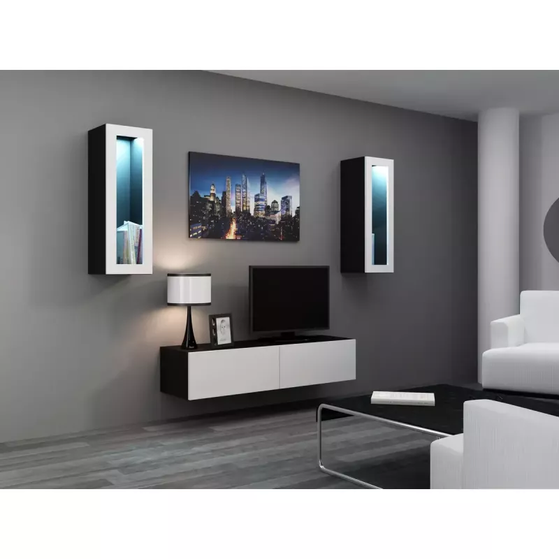 TV statīvs cama meble VIGO 140 — 1400×400×300 mm, skaidu plātnes virsma, melna/balts spīdums