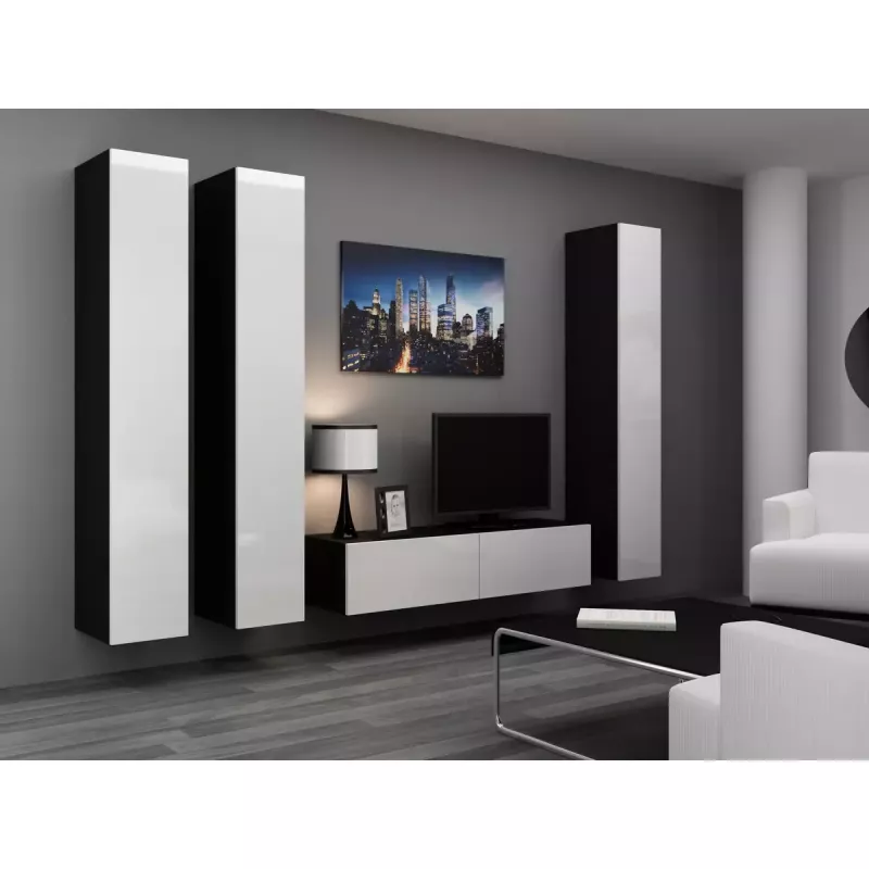 TV statīvs cama meble VIGO 140 — 1400×400×300 mm, skaidu plātnes virsma, melna/balts spīdums