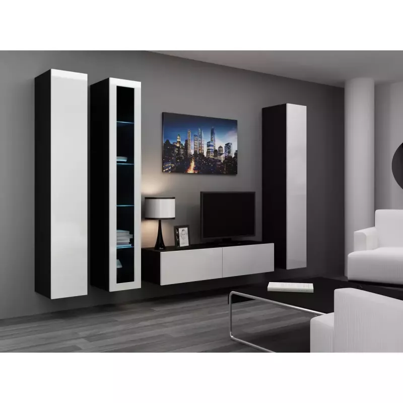 TV statīvs cama meble VIGO 140 — 1400×400×300 mm, skaidu plātnes virsma, melna/balts spīdums