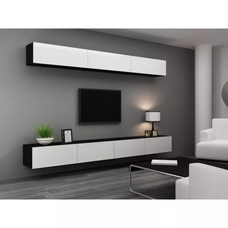 TV statīvs cama meble VIGO 140 — 1400×400×300 mm, skaidu plātnes virsma, melna/balts spīdums