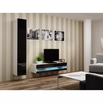 TV statīvs Cama Meble VIGO NEW 30/140/40 – 1400×400×300 mm, balta virsa, skaidu plātne, balts rāmis, balts/melns spīdums