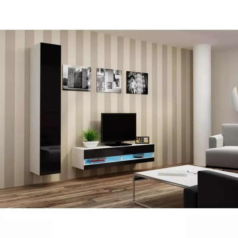 TV statīvs Cama Meble VIGO NEW 30/140/40 – 1400×400×300 mm, balta virsa, skaidu plātne, balts rāmis, balts/melns spīdums