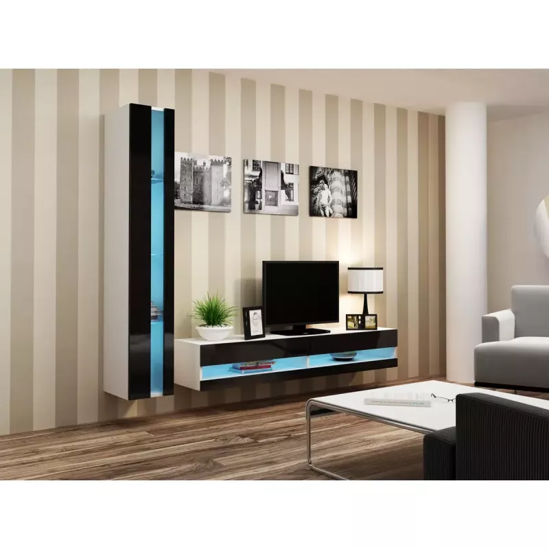TV statīvs Cama Meble VIGO NEW 30/140/40 – 1400×400×300 mm, balta virsa, skaidu plātne, balts rāmis, balts/melns spīdums