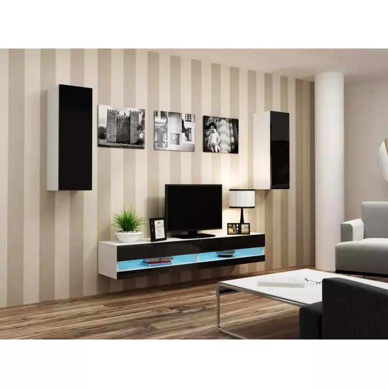 TV statīvs Cama Meble VIGO NEW 30/140/40 – 1400×400×300 mm, balta virsa, skaidu plātne, balts rāmis, balts/melns spīdums