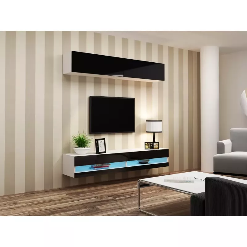 TV statīvs Cama Meble VIGO NEW 30/140/40 – 1400×400×300 mm, balta virsa, skaidu plātne, balts rāmis, balts/melns spīdums