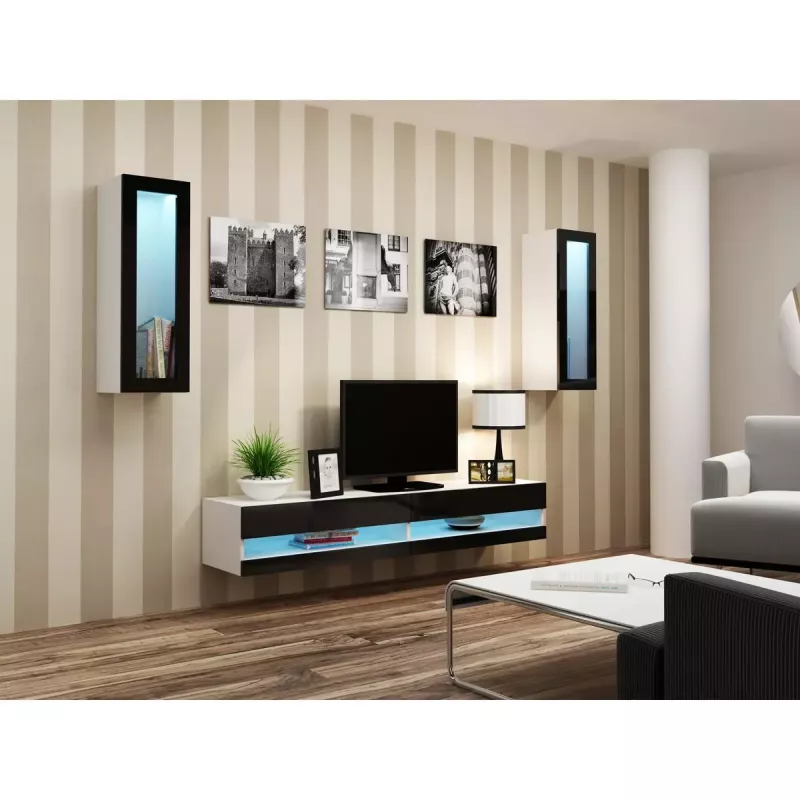 TV statīvs Cama Meble VIGO NEW 30/140/40 – 1400×400×300 mm, balta virsa, skaidu plātne, balts rāmis, balts/melns spīdums