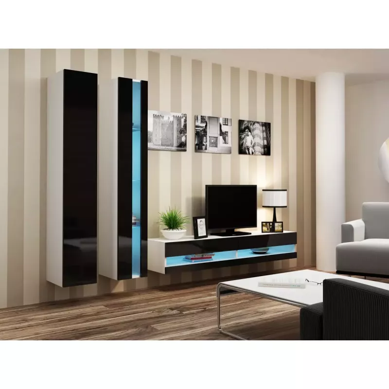 TV statīvs Cama Meble VIGO NEW 30/140/40 – 1400×400×300 mm, balta virsa, skaidu plātne, balts rāmis, balts/melns spīdums