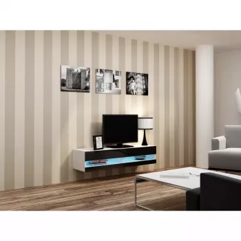 TV statīvs Cama Meble VIGO NEW 30/140/40 – 1400×400×300 mm, balta virsa, skaidu plātne, balts rāmis, balts/melns spīdums