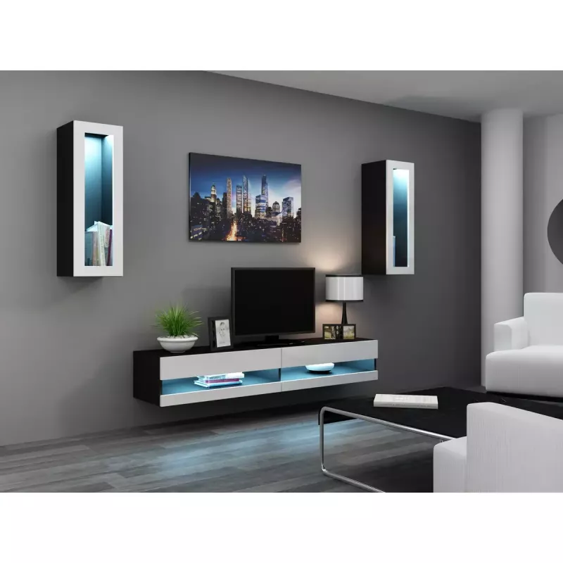 TV statīvs Cama Meble VIGO NEW 30/140/40, 1400×400×300 mm, melna augšdaļa, skaidu plāksne, melns rāmis