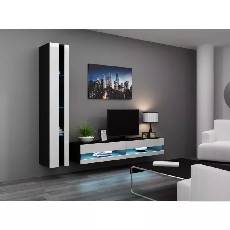 TV statīvs Cama Meble VIGO NEW 30/140/40, 1400×400×300 mm, melna augšdaļa, skaidu plāksne, melns rāmis