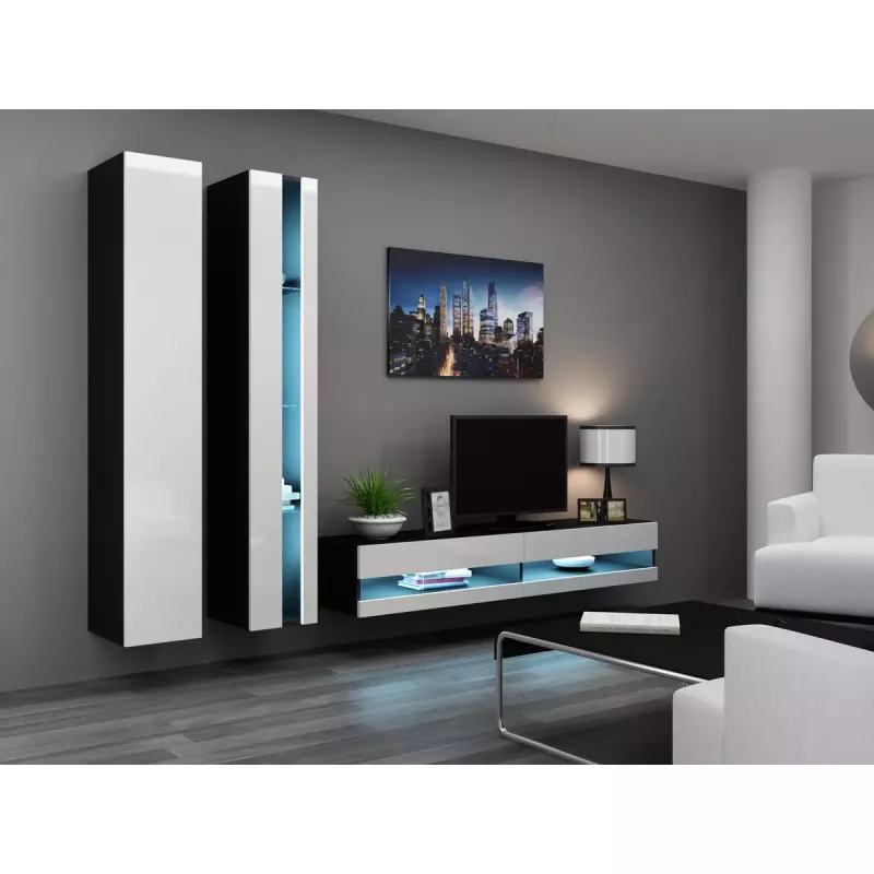 TV statīvs Cama Meble VIGO NEW 30/140/40, 1400×400×300 mm, melna augšdaļa, skaidu plāksne, melns rāmis