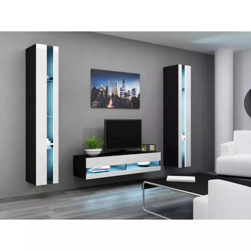 TV statīvs Cama Meble VIGO NEW 30/140/40, 1400×400×300 mm, melna augšdaļa, skaidu plāksne, melns rāmis