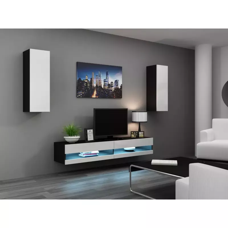 TV statīvs Cama Meble VIGO NEW 30/140/40, 1400×400×300 mm, melna augšdaļa, skaidu plāksne, melns rāmis