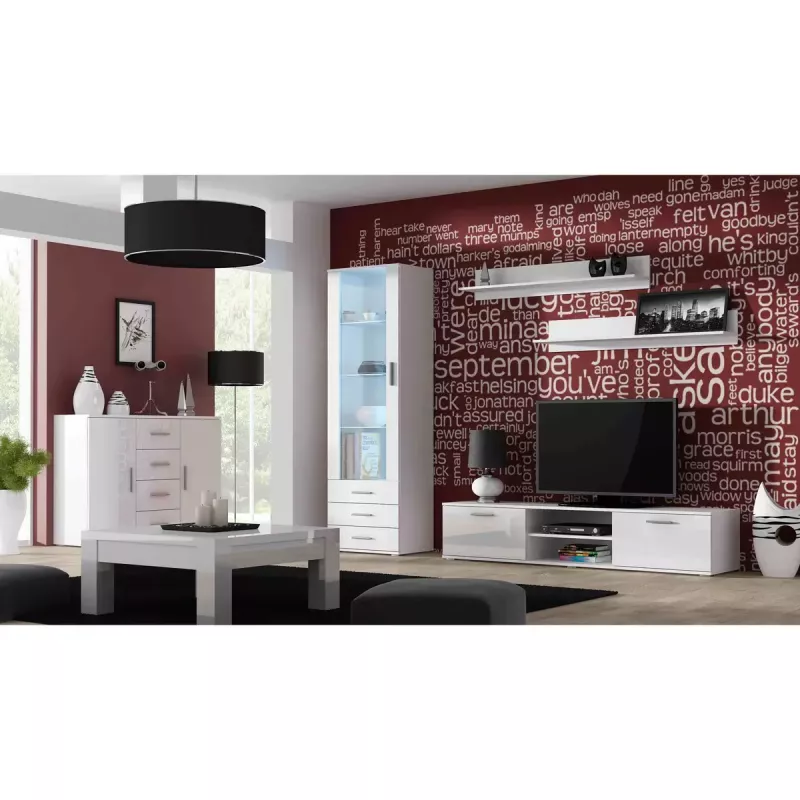 TV statīvs cama meble SOHO 180 — 1800×430×370 mm, balta virsma (skaidu plātne), balts rāmis
