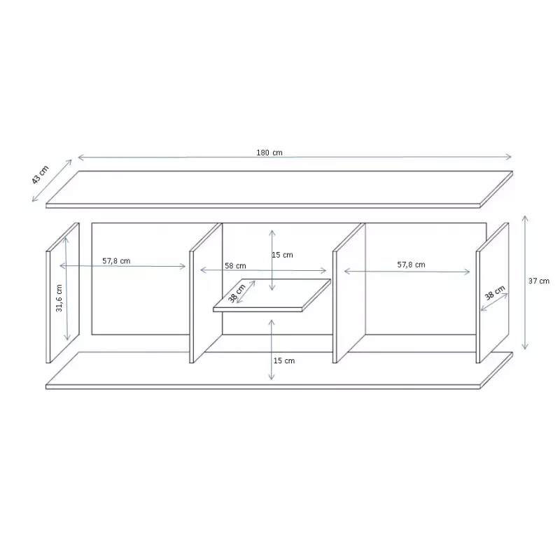 TV statīvs cama meble SOHO 180 — 1800×430×370 mm, balta virsma (skaidu plātne), balts rāmis