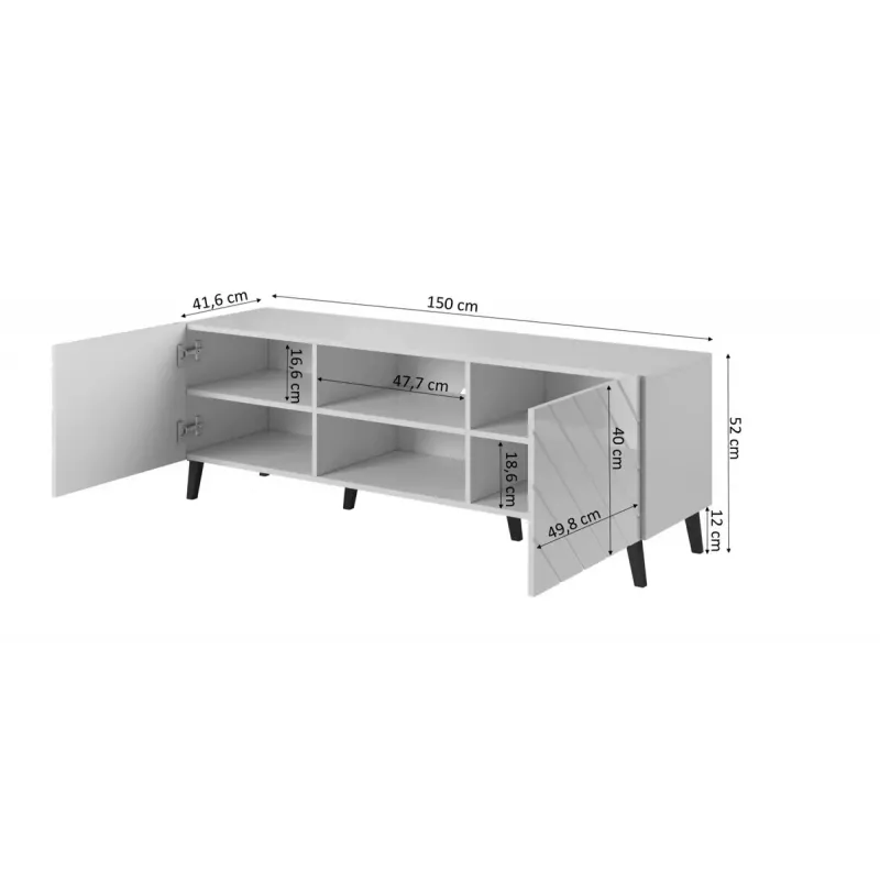 TV skapis cama meble ABETO 150x42x52 cm, melns spīdīgs, MDF virsma, melns rāmis