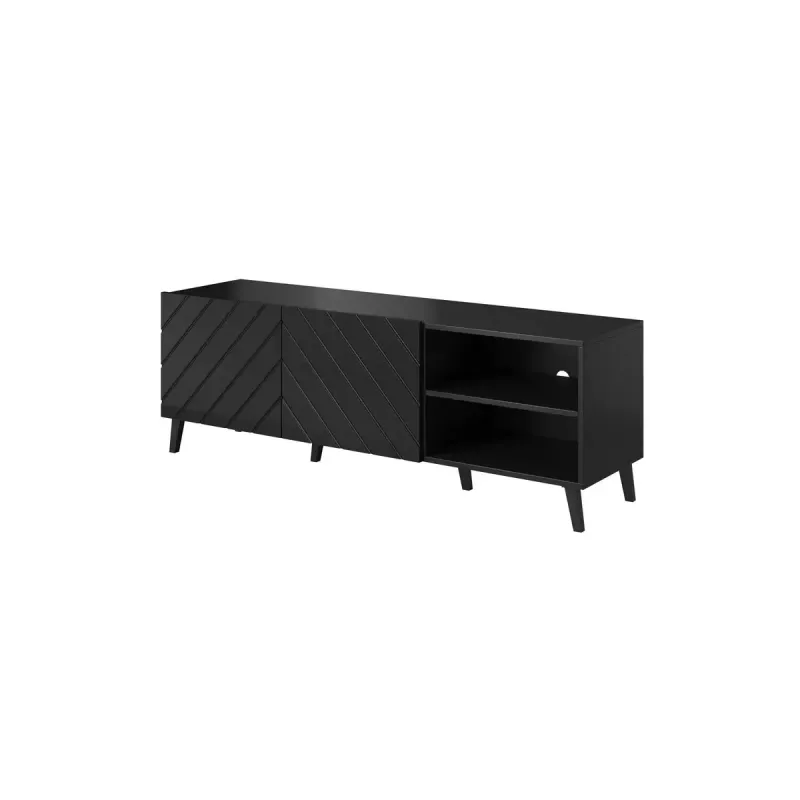 TV skapis cama meble ABETO 150x42x52 cm, melns spīdīgs, MDF virsma, melns rāmis