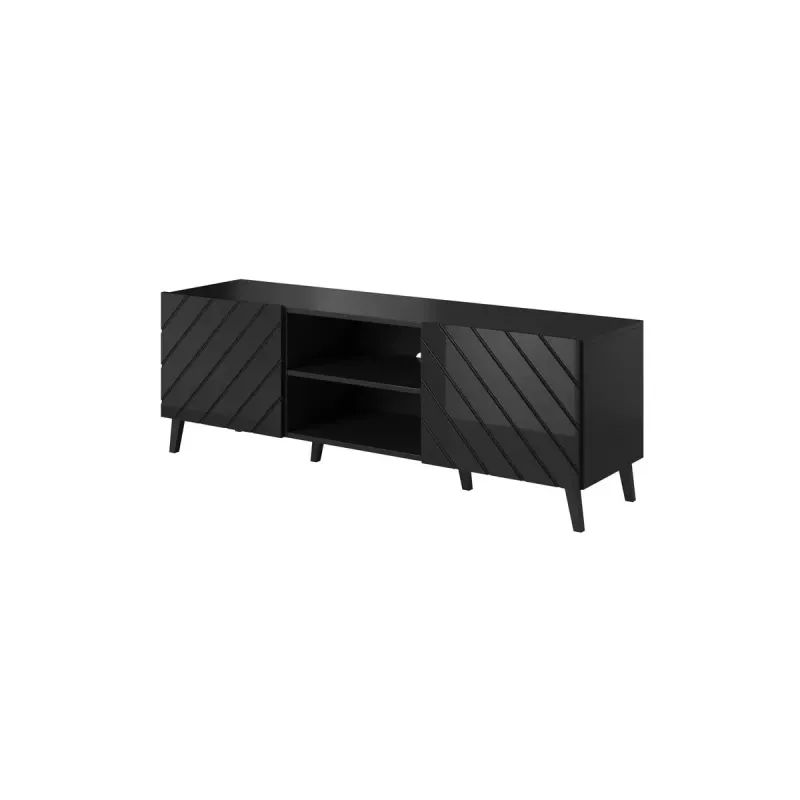 TV skapis cama meble ABETO 150x42x52 cm, melns spīdīgs, MDF virsma, melns rāmis