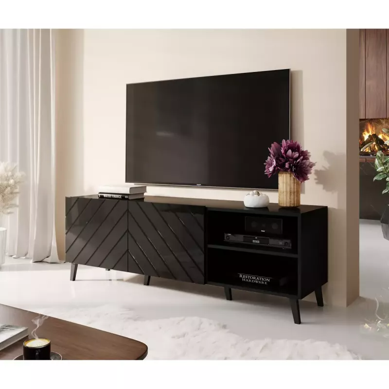 TV skapis cama meble ABETO 150x42x52 cm, melns spīdīgs, MDF virsma, melns rāmis