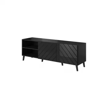 TV skapis cama meble ABETO 150x42x52 cm, melns spīdīgs, MDF virsma, melns rāmis