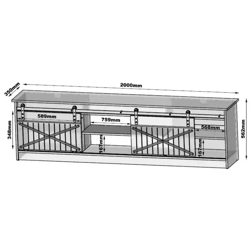 TV skapis Cama Meble GRANERO RTV 200x56,7x35 cm — balts virspuse, skaidu plātnes korpuss