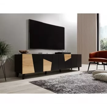 TV skapis cama meble ETNA 200×42×52 cm, melna matēta virsma, ozola amatniecības rāmis
