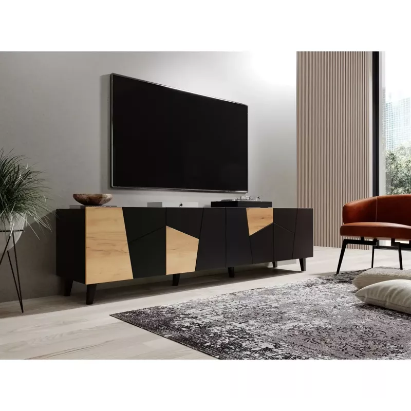 TV skapis cama meble ETNA 200×42×52 cm, melna matēta virsma, ozola amatniecības rāmis