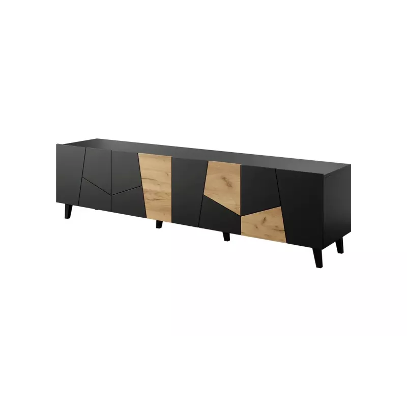 TV skapis cama meble ETNA 200×42×52 cm, melna matēta virsma, ozola amatniecības rāmis