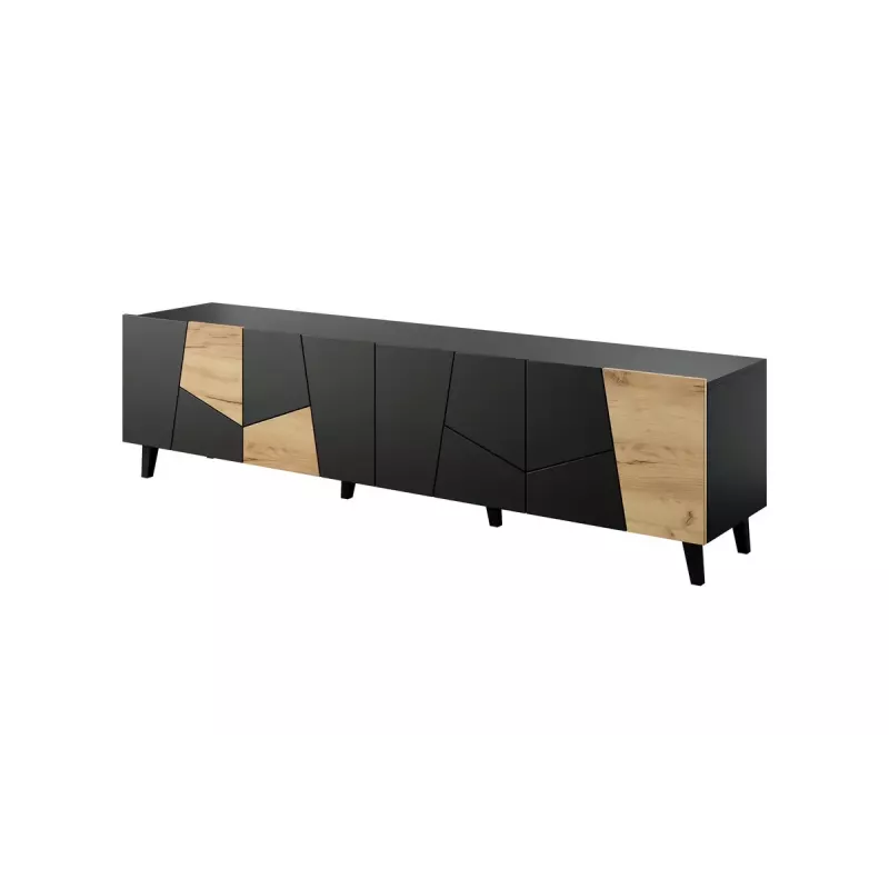 TV skapis cama meble ETNA 200×42×52 cm, melna matēta virsma, ozola amatniecības rāmis