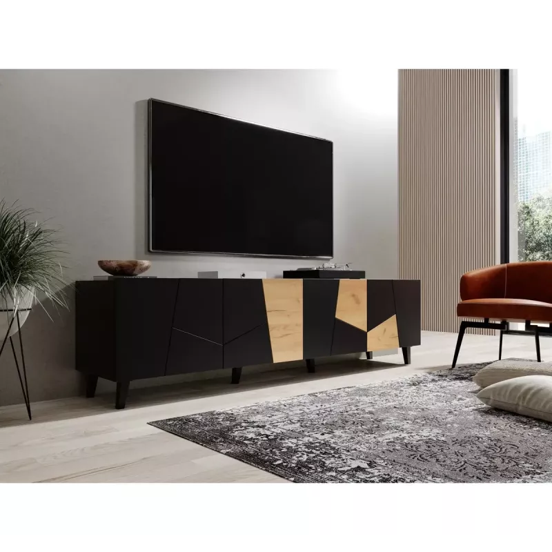 TV skapis cama meble ETNA 200×42×52 cm, melna matēta virsma, ozola amatniecības rāmis