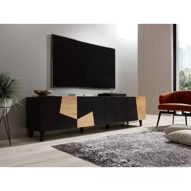 TV skapis cama meble ETNA 200×42×52 cm, melna matēta virsma, ozola amatniecības rāmis