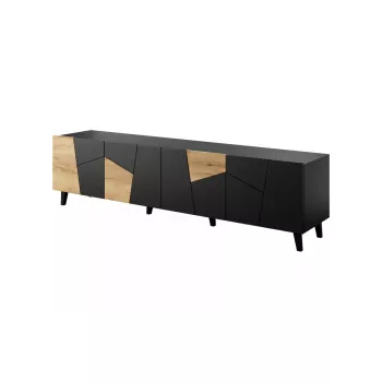 TV skapis cama meble ETNA 200×42×52 cm, melna matēta virsma, ozola amatniecības rāmis