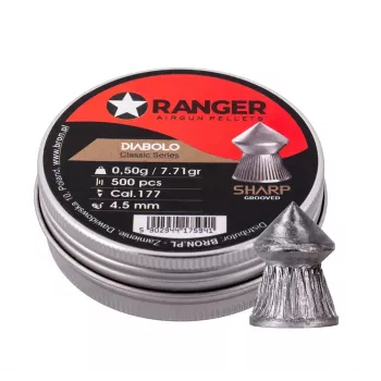 Gaisa šautenes diabolo lodes RANGER CLAS03.45.500 — 4,5 mm diabolo, asu rievotu smaili, 500 gab. alumīnija dozatorā