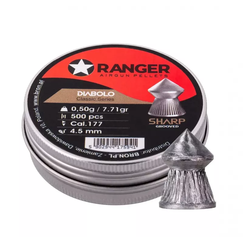 Gaisa šautenes diabolo lodes RANGER CLAS03.45.500 — 4,5 mm diabolo, asu rievotu smaili, 500 gab. alumīnija dozatorā